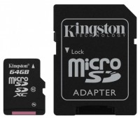 Карта памяти MicroSD 64GB Kingston Class 10 + SD адаптер