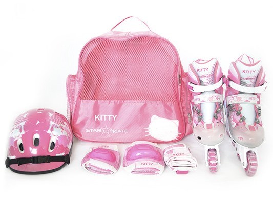 Роликовые коньки и комплект защиты Star Skate KITTY Pink (размер 30-33)